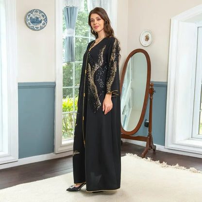 Robe caftan brodée en coton mélangé à paillettes