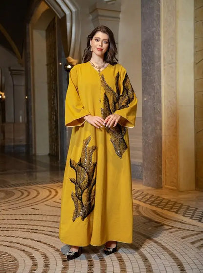 Robe caftan brodée en coton mélangé à paillettes