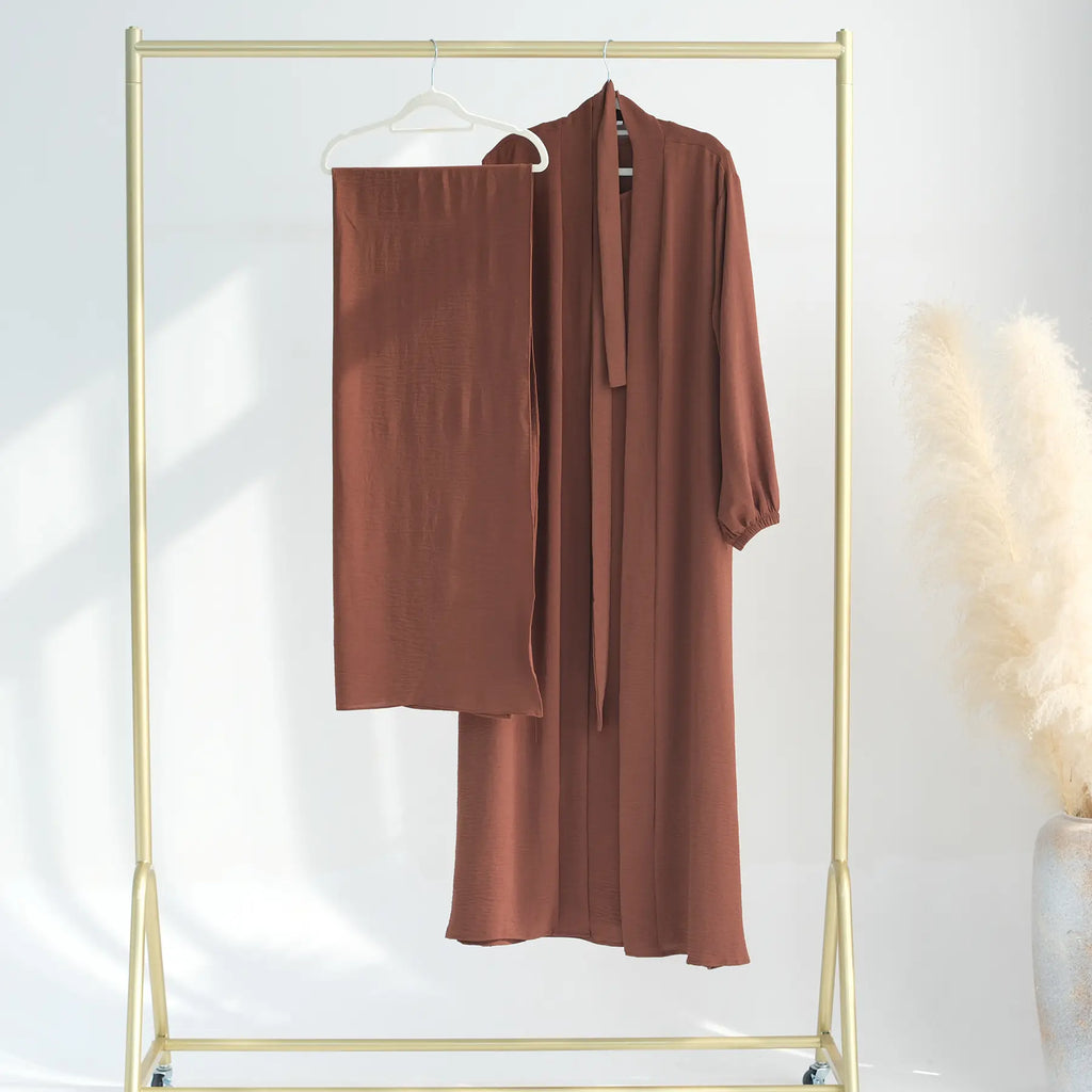 Ensemble 2 pièces en tissu froissé, cardigan et robe abaya ouverte