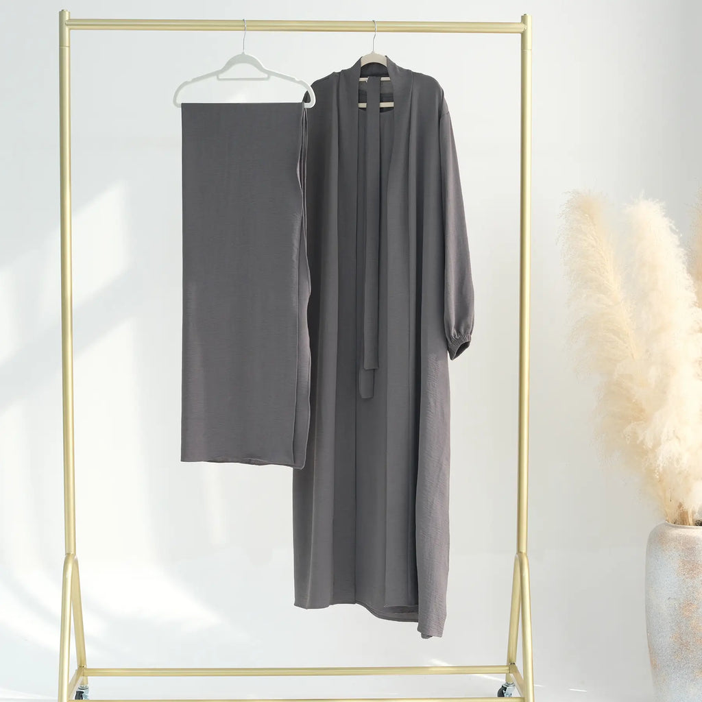 Ensemble 2 pièces en tissu froissé, cardigan et robe abaya ouverte