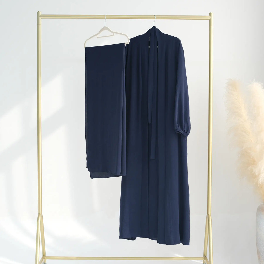 Ensemble 2 pièces en tissu froissé, cardigan et robe abaya ouverte