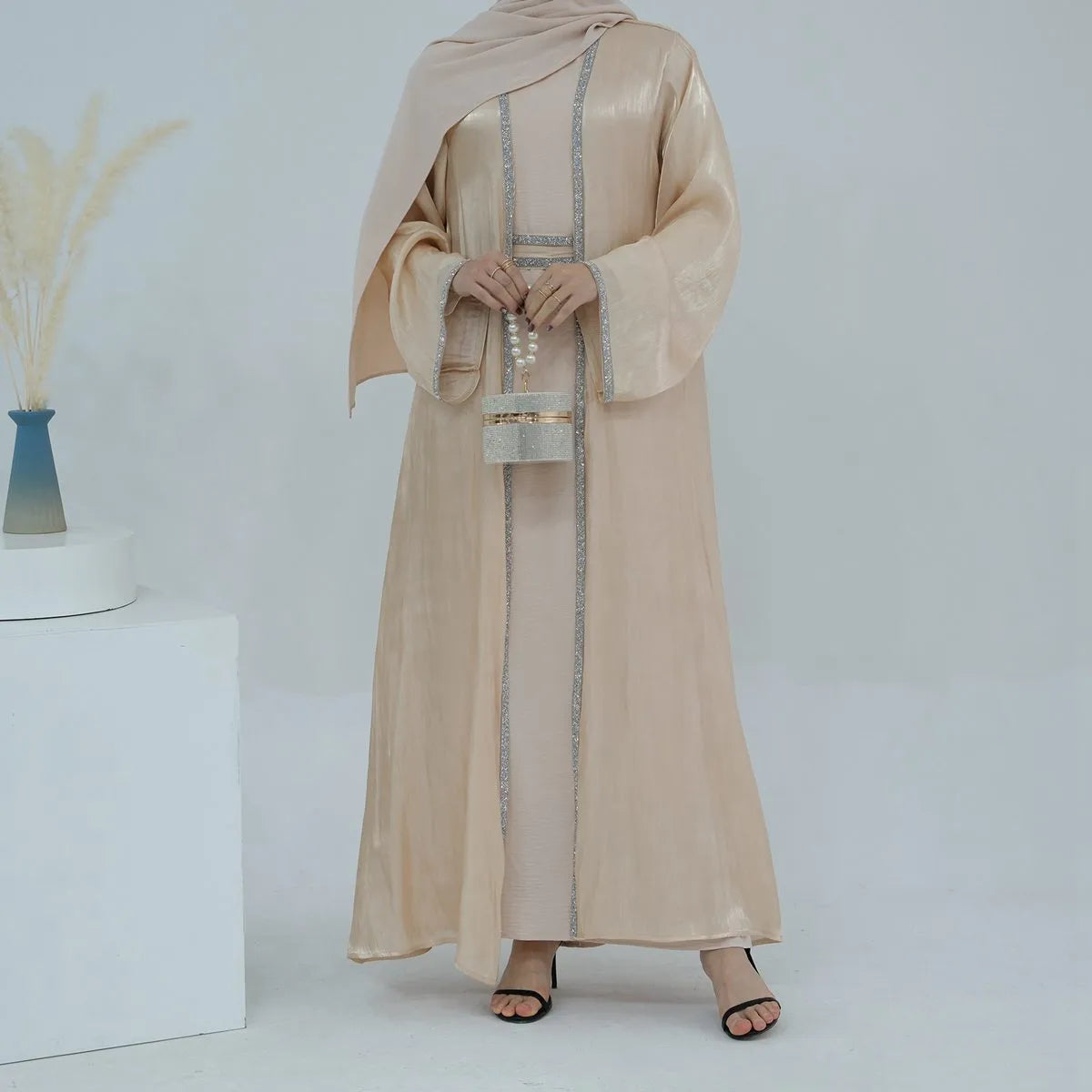 Ensemble 2 pièces robe abaya ouverte brillante en strass Hotfix avec robe intérieure