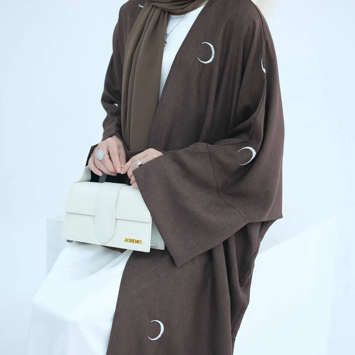 Moon Embroidery Cotton Blended Cardigan Open Abaya Dress