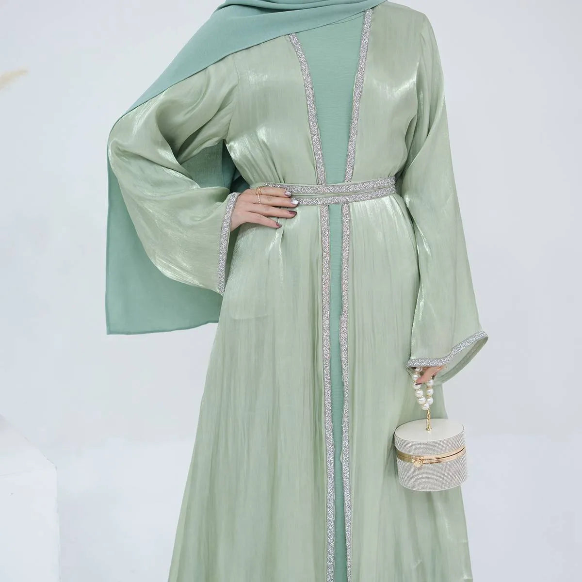 Ensemble 2 pièces robe abaya ouverte brillante en strass Hotfix avec robe intérieure