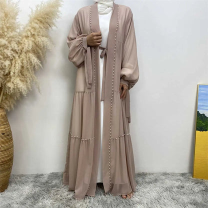 Muslim Women Chiffon Beads Open Abaya Dress