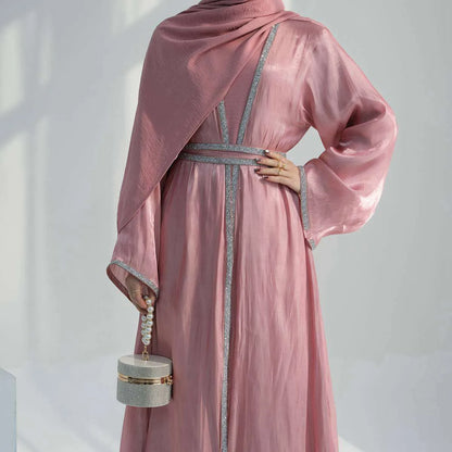 Ensemble 2 pièces robe abaya ouverte brillante en strass Hotfix avec robe intérieure