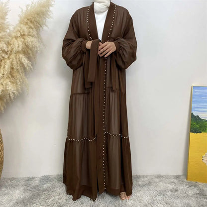 Muslim Women Chiffon Beads Open Abaya Dress
