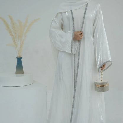 Ensemble 2 pièces robe abaya ouverte brillante en strass Hotfix avec robe intérieure