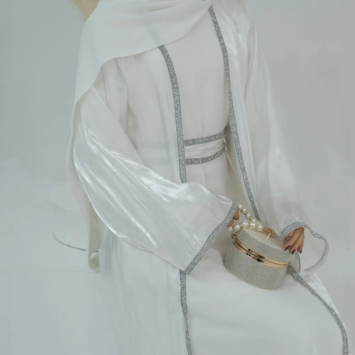 Ensemble 2 pièces robe abaya ouverte brillante en strass Hotfix avec robe intérieure