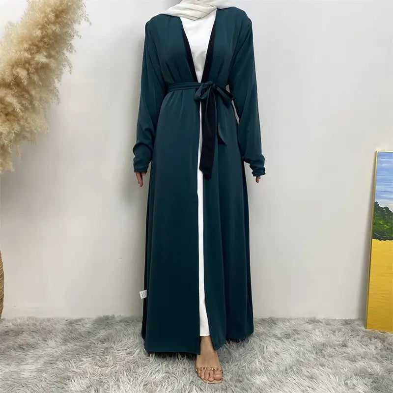 Reversible Solid Color Muslim Women Open Abaya Dress With Pocket