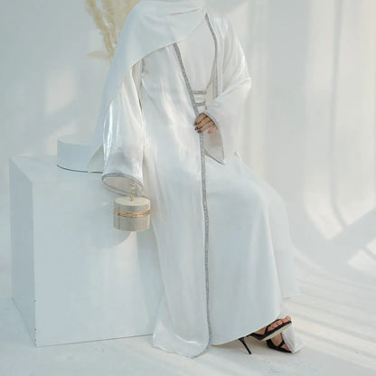 Ensemble 2 pièces robe abaya ouverte brillante en strass Hotfix avec robe intérieure
