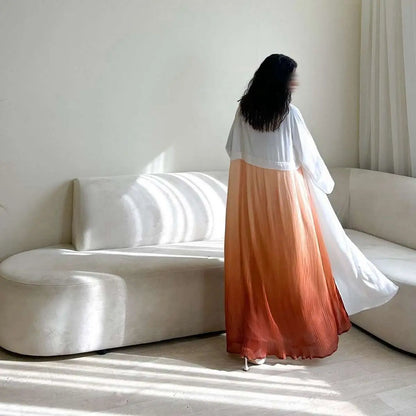 Robe abaya ouverte en mousseline de soie avec cardigan plissé