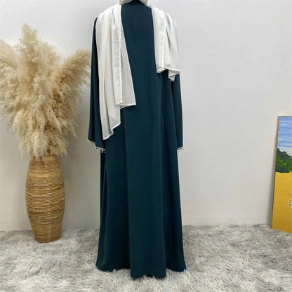 Ensemble 2 pièces robe abaya ouverte en strass avec robe intérieure sans manches et ceinture