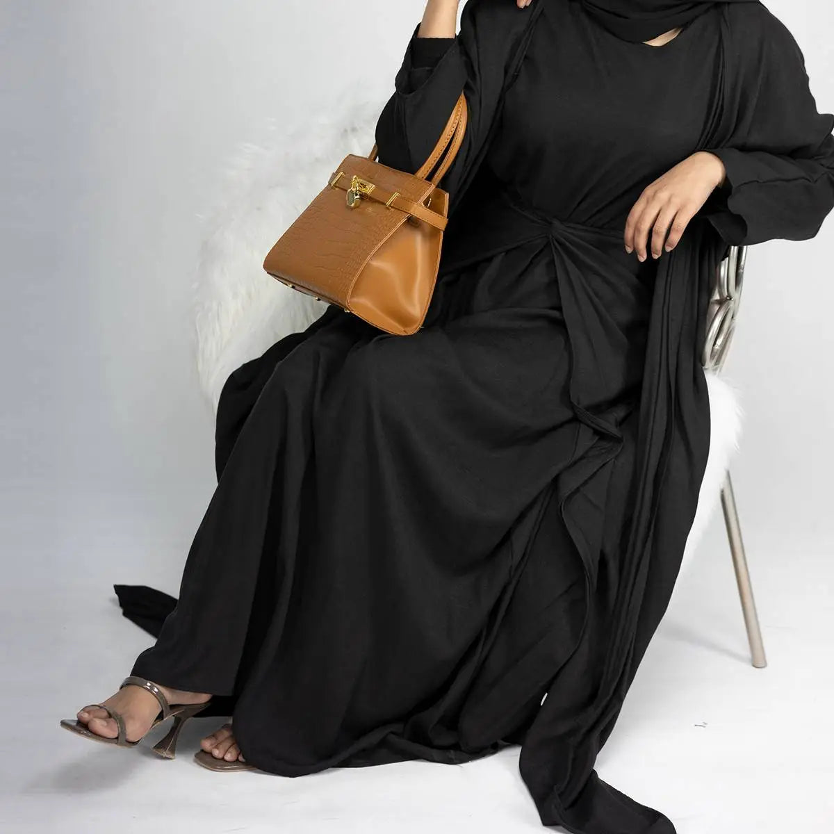 Ensemble 4 pièces pour robe musulmane ouverte, avec foulard, abaya extérieure, cache-cœur et robe intérieure