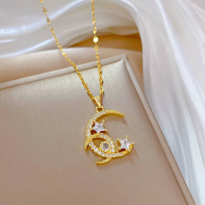 Moon And Star Necklace Titanium Steel With Box #UNF430