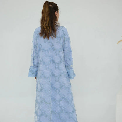 3 Pieces Set Lace Textured Floral Open Abaya Dress With Nida Abaya Dress And Matching Hijab #251074