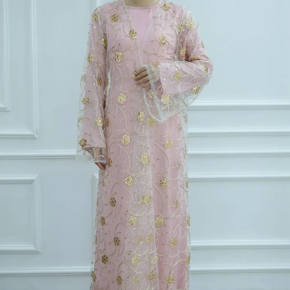 2 Pieces Set Openwork Embroidery Open Abaya Dress Set With Inner Abaya Dress #251070
