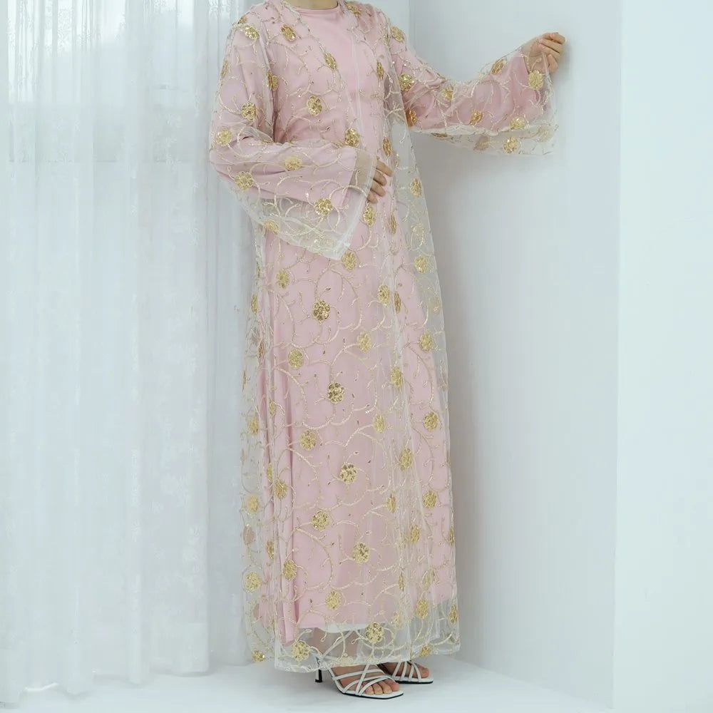 2 Pieces Set Openwork Embroidery Open Abaya Dress Set With Inner Abaya Dress #251070