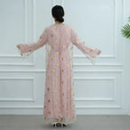 2 Pieces Set Openwork Embroidery Open Abaya Dress Set With Inner Abaya Dress #251070
