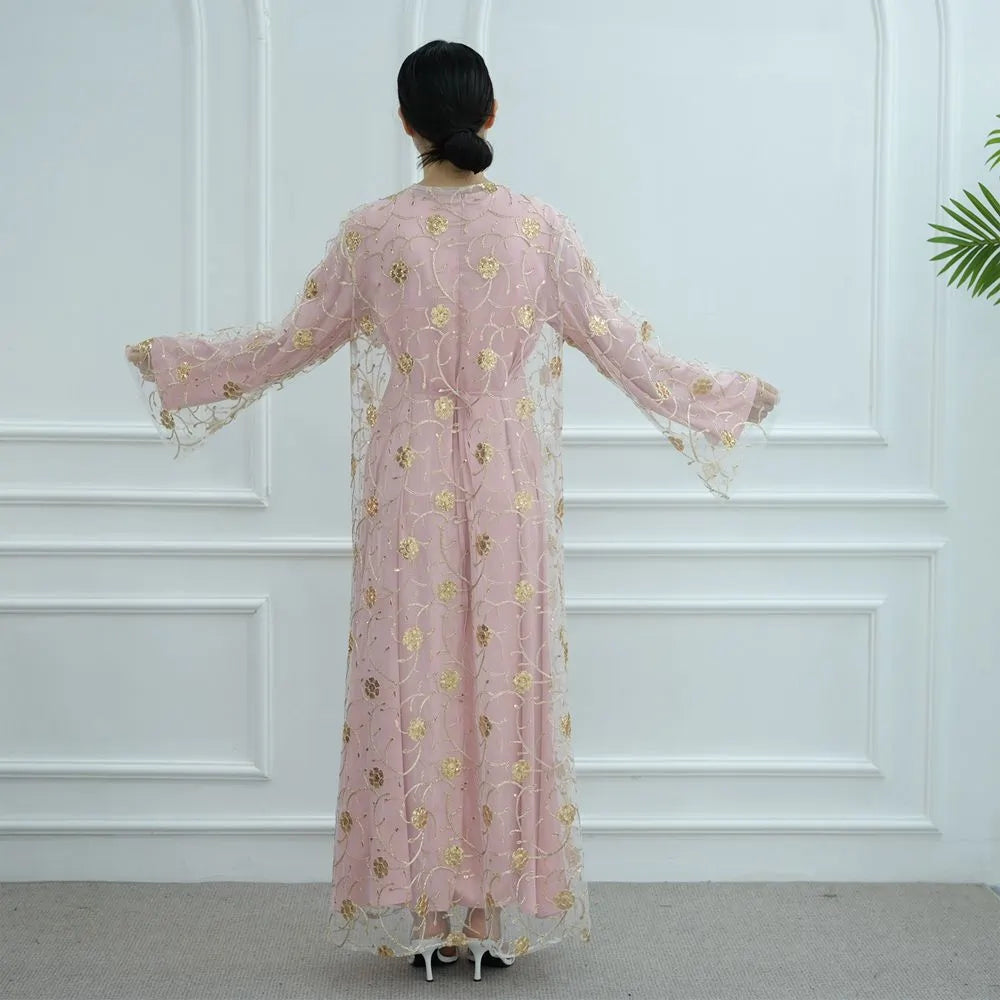 2 Pieces Set Openwork Embroidery Open Abaya Dress Set With Inner Abaya Dress #251070