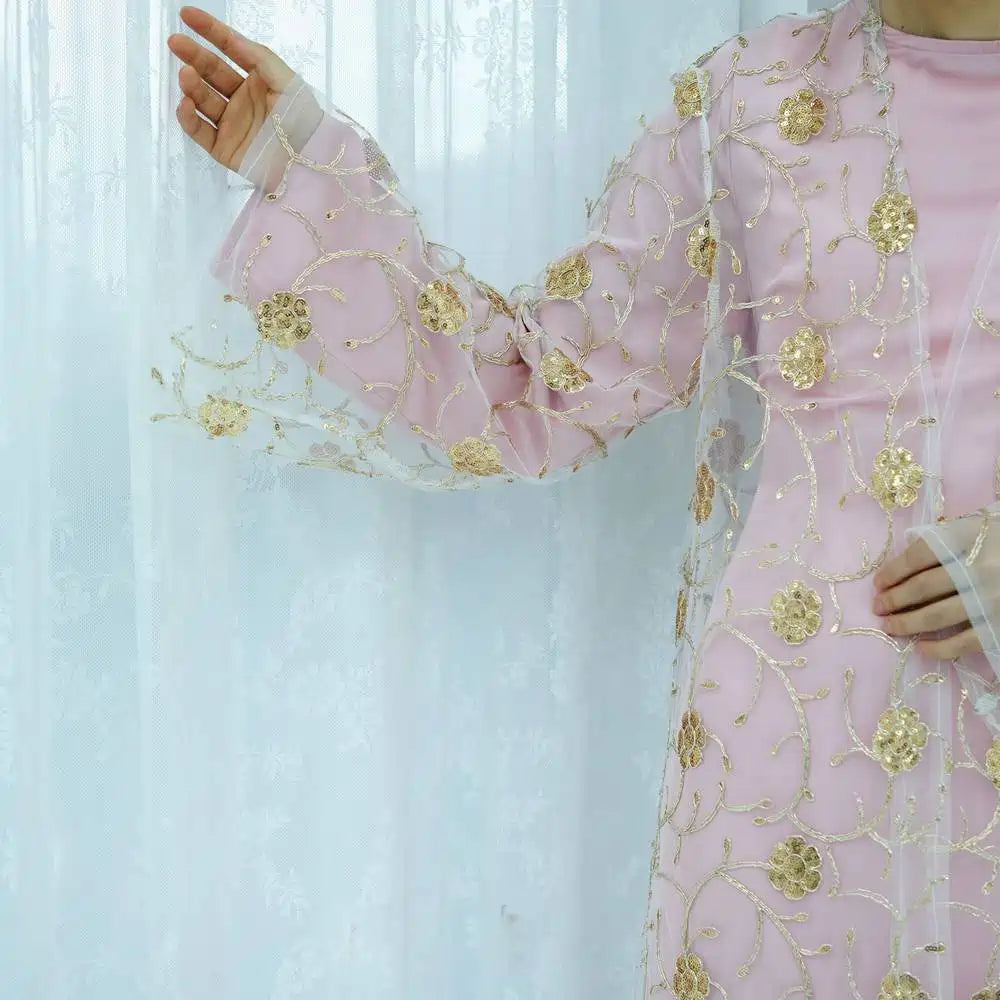 2 Pieces Set Openwork Embroidery Open Abaya Dress Set With Inner Abaya Dress #251070