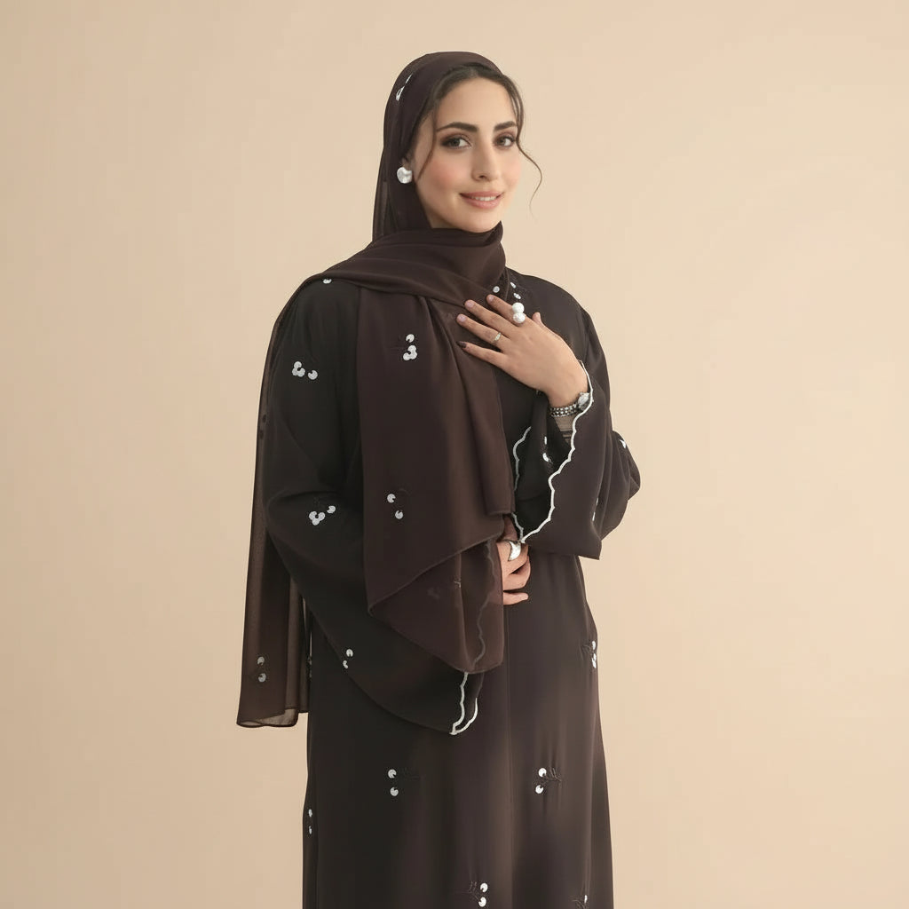 Flower Embroidery Nida Open Abaya Dress With Matching Hijab #251120