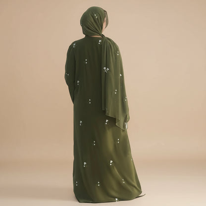 Flower Embroidery Nida Open Abaya Dress With Matching Hijab #251120