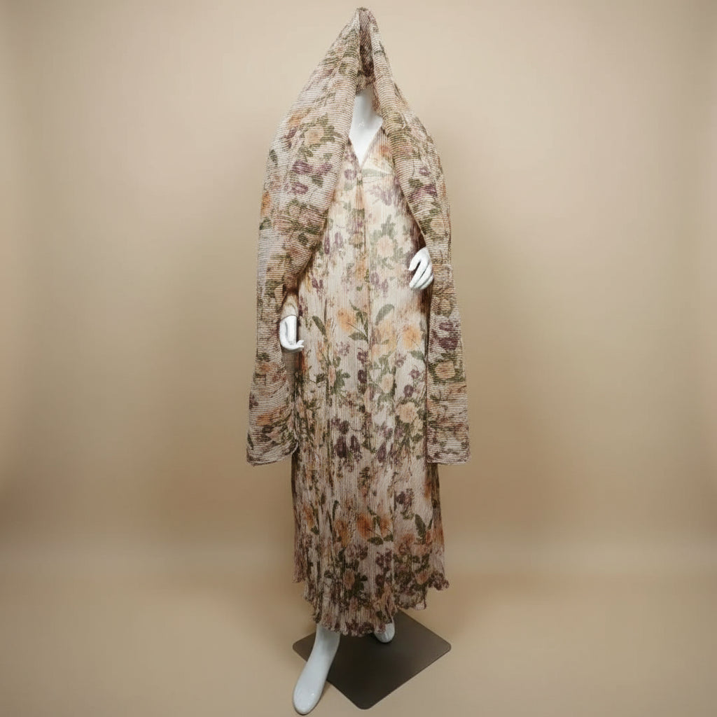 Printed Pleated Open Abaya Dress With Matching Hijab #25231