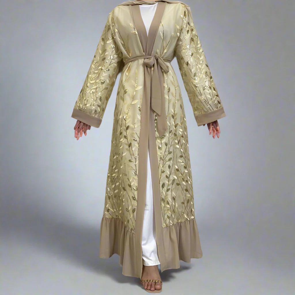 Robe Abaya ouverte en dentelle brodée de feuilles pour femmes musulmanes