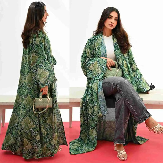 Robe Abaya ouverte avec cardigan imprimé floral vert et hijab assorti
