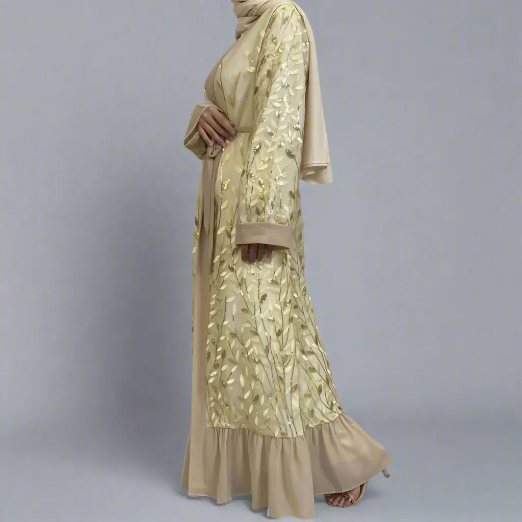 Robe Abaya ouverte en dentelle brodée de feuilles pour femmes musulmanes
