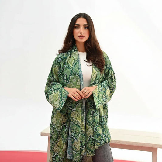 Matching Hijab Green Floral Printed Cardigan Open Abaya Dress