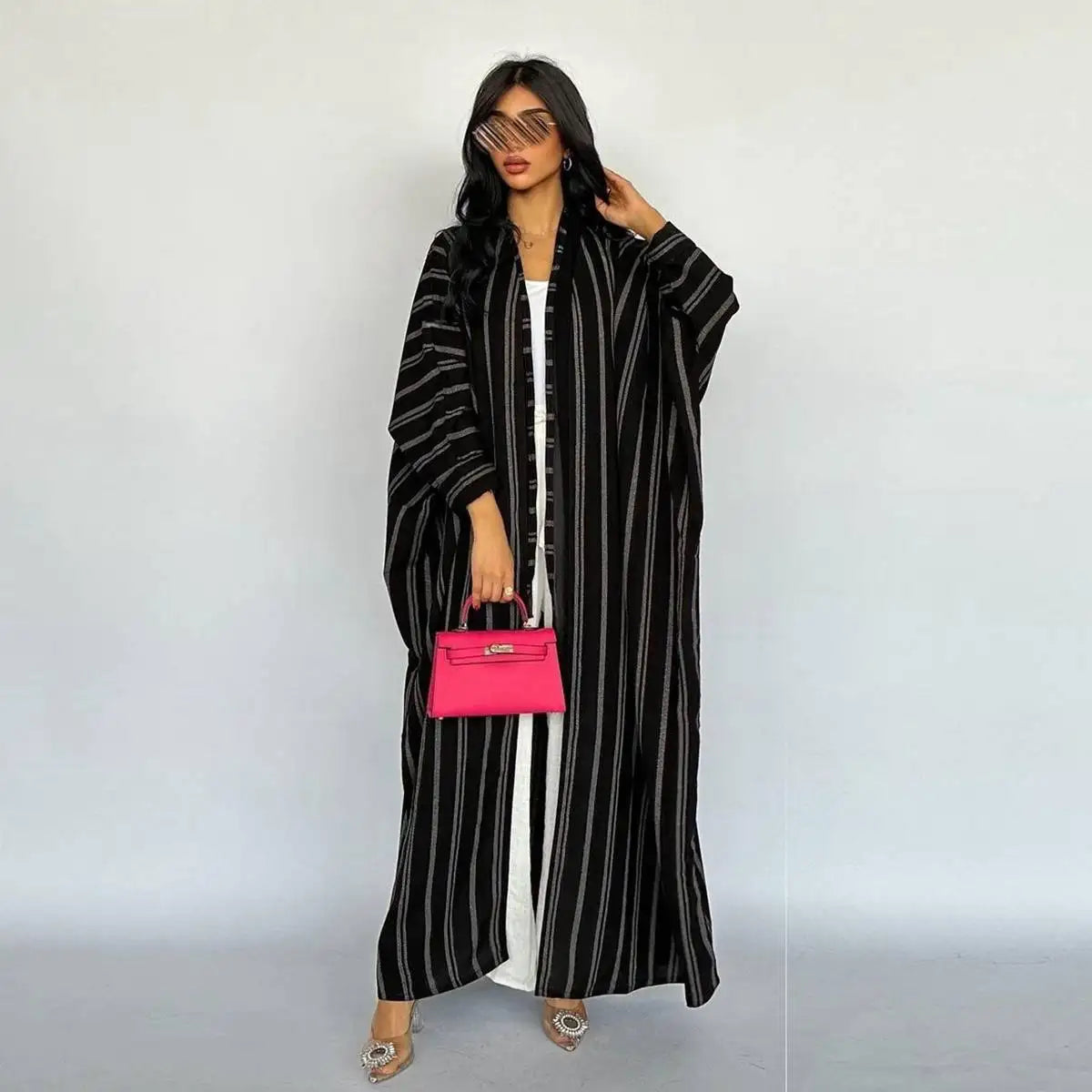 Robe Abaya ouverte en cardigan pour femme - Imprimé à rayures - Coton