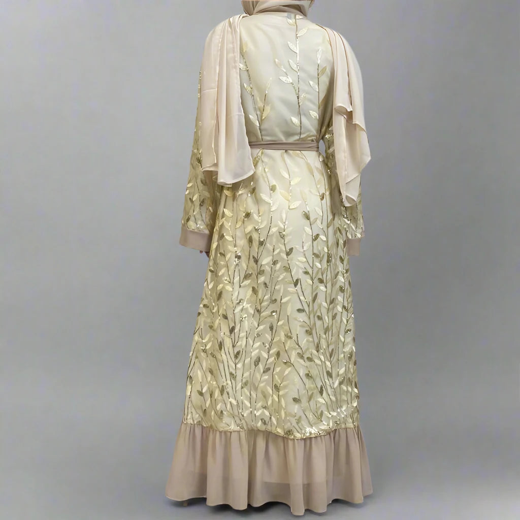 Robe Abaya ouverte en dentelle brodée de feuilles pour femmes musulmanes