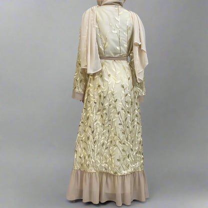Robe Abaya ouverte en dentelle brodée de feuilles pour femmes musulmanes