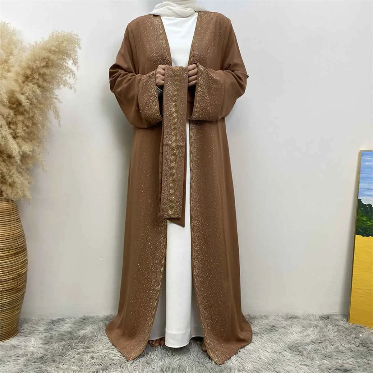 Robe Abaya ouverte Nida avec poche et strass Hotfix