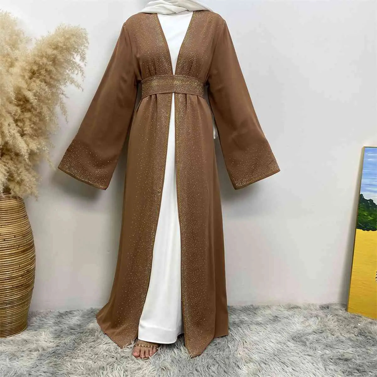 Robe Abaya ouverte Nida avec poche et strass Hotfix