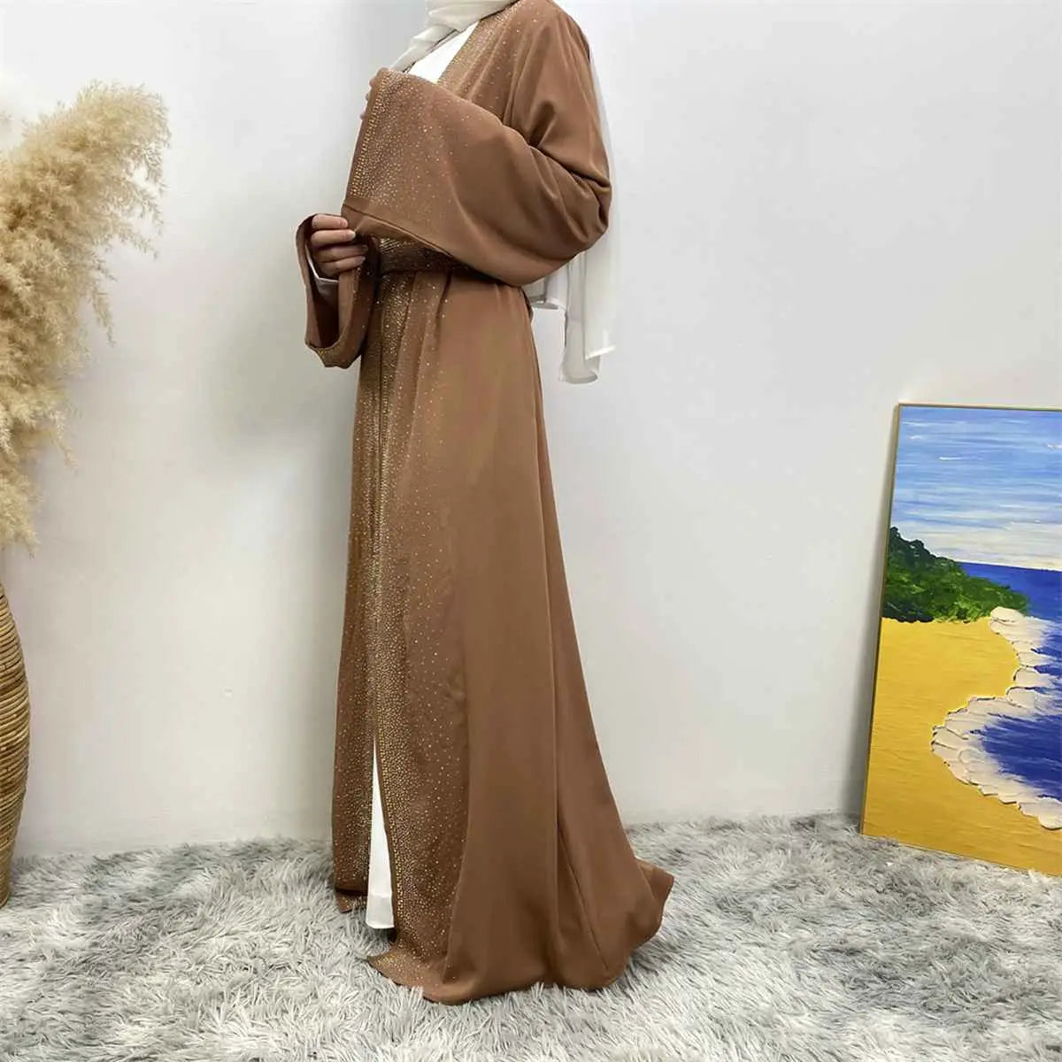 Robe Abaya ouverte Nida avec poche et strass Hotfix