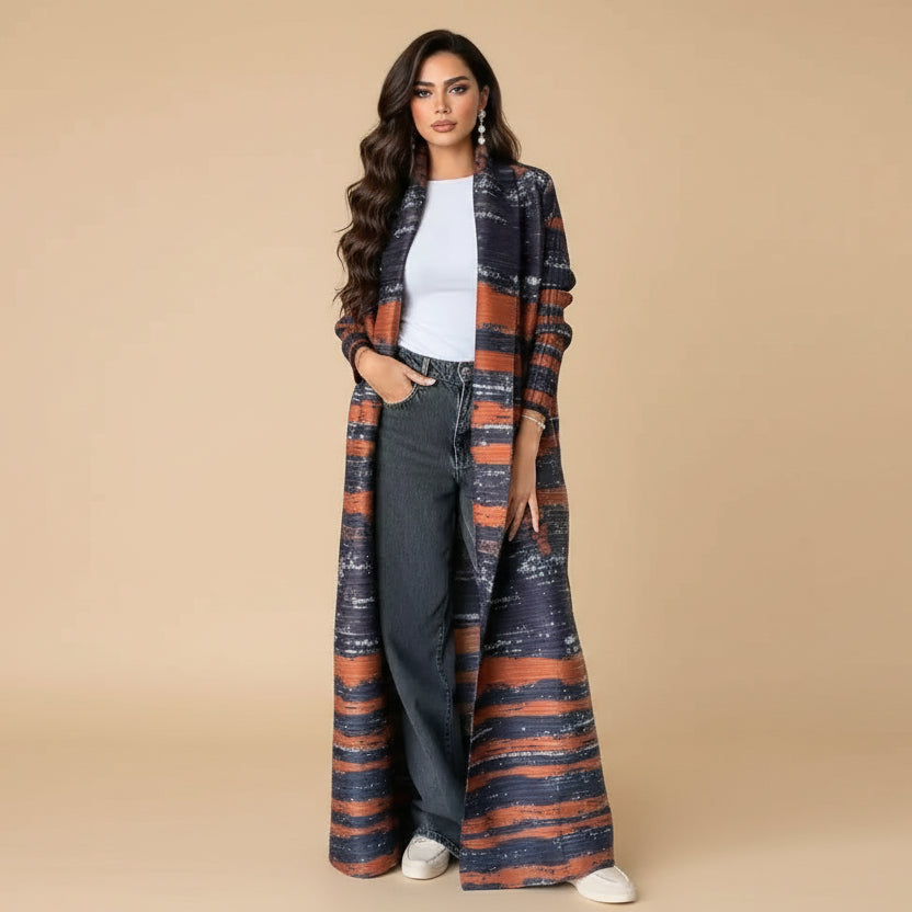 Robe Abaya ouverte à manches plissées et imprimé cardigan #25175