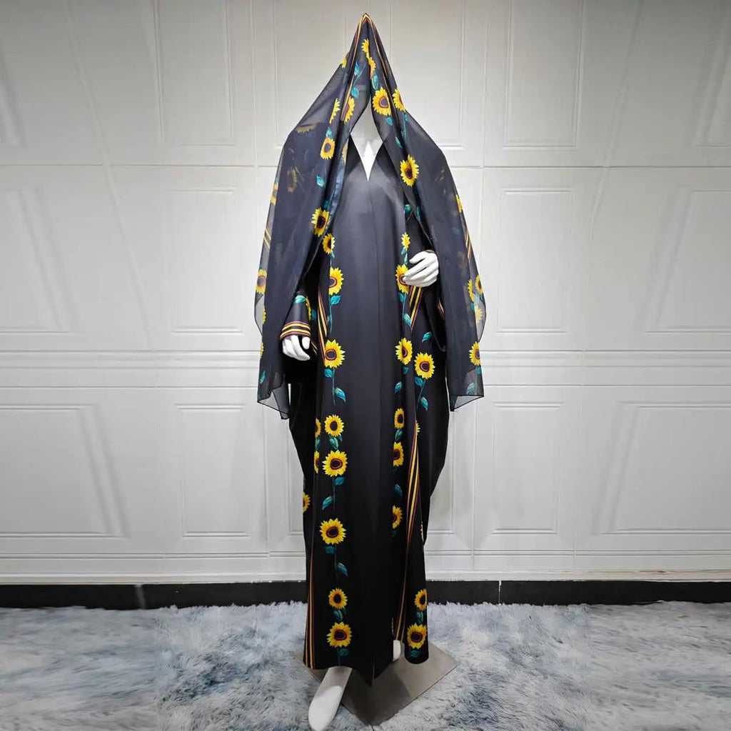 Muslim Women Printed Cardigan Open Abaya Dress With Matching Hijab #25254