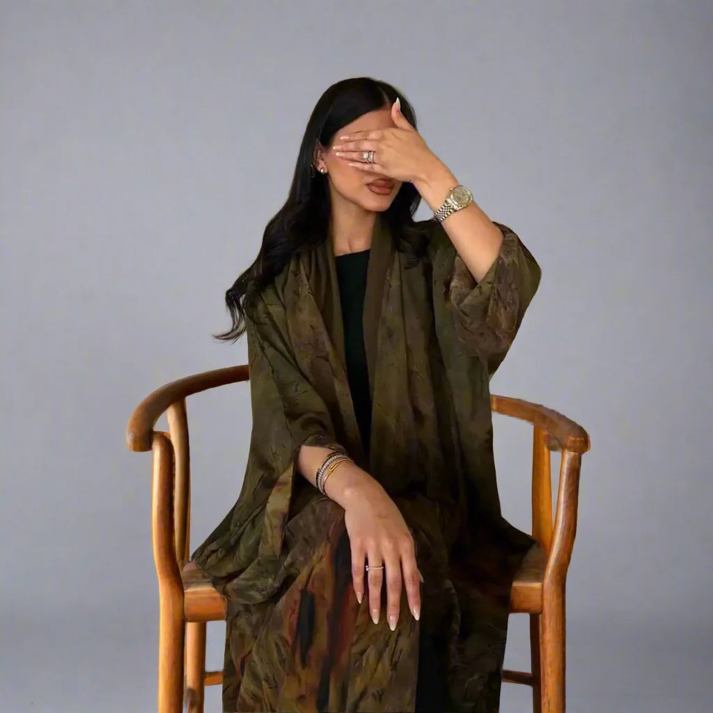 Robe Abaya ouverte en cardigan - Imprimée - Mousseline - Marron