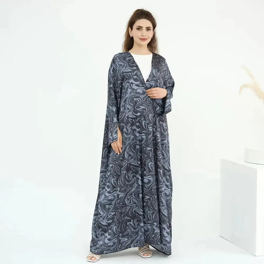Robe Abaya ouverte en satin imprimé #25976