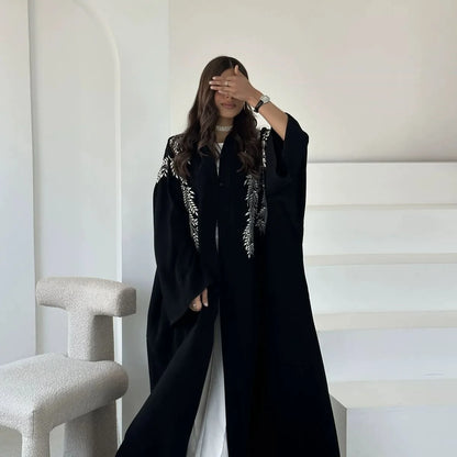 Robe Abaya ouverte en cardigan - Broderie - Noir - #25188