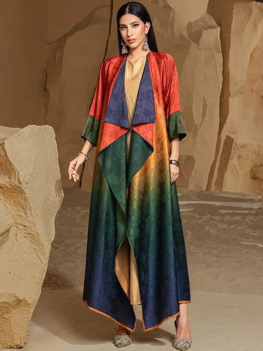Robe Abaya ouverte en cardigan réversible - Jacquard - Satin dégradé - #255034