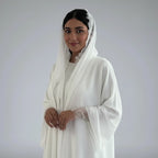 Ensemble 2 pièces : cardigan en dentelle, robe abaya ouverte et hijab assorti #25221