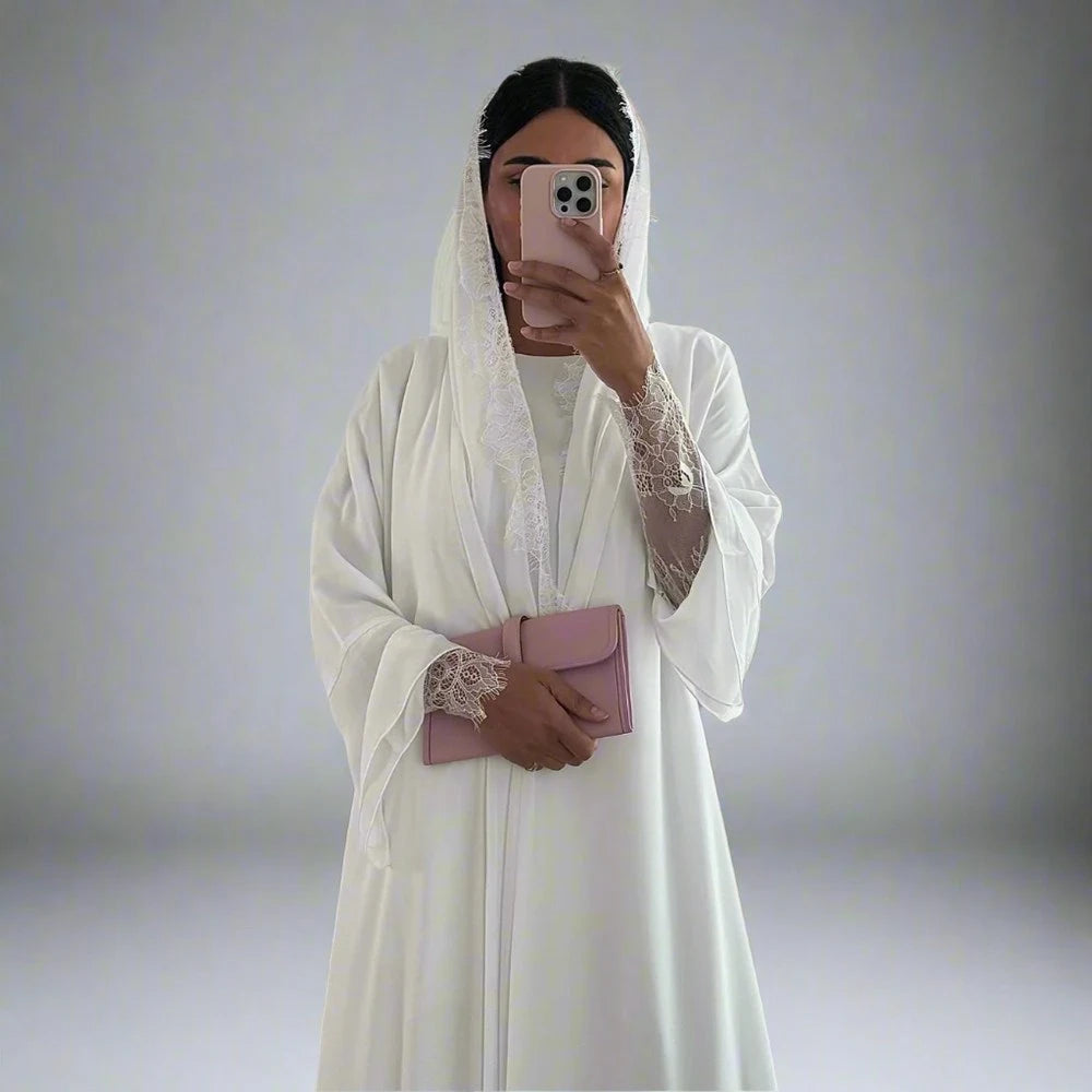 Ensemble 2 pièces : cardigan en dentelle, robe abaya ouverte et hijab assorti #25221