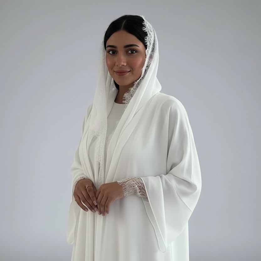 Ensemble 2 pièces : cardigan en dentelle, robe abaya ouverte et hijab assorti #25221