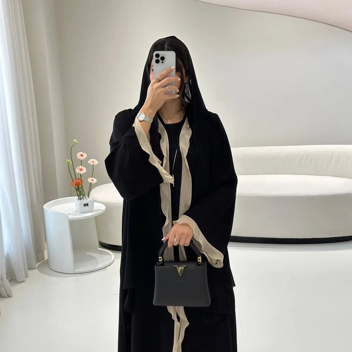 Robe Abaya ouverte en cardigan - Volants - Noir - #25179