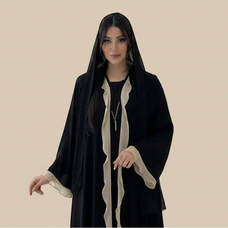 Robe Abaya ouverte en cardigan - Volants - Noir - #25179