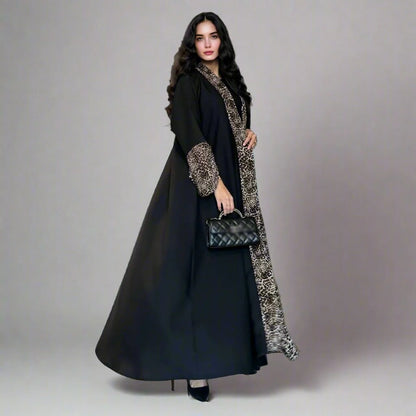 Robe abaya ouverte en cardigan imprimé léopard avec hijab assorti #25194